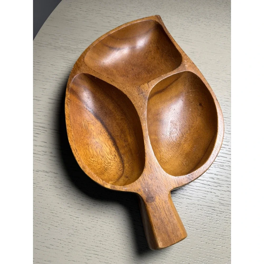 Vintage Monkey Pod Wood Leaf Serving Tray 3 Compartment Nut Candy Dish